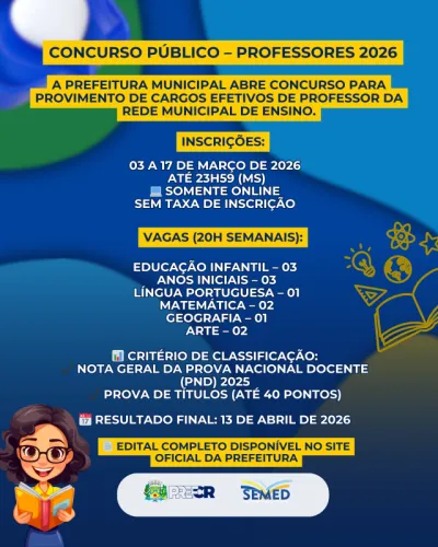 Imagem da notícia Prefeitura de Costa Rica abre concurso para professores com base na Prova Nacional Docente 2025